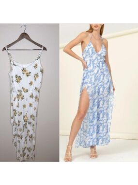 Charming Charlie Woven V-Neck Jumpsuit Wide Split Leg Yellow Floral XL